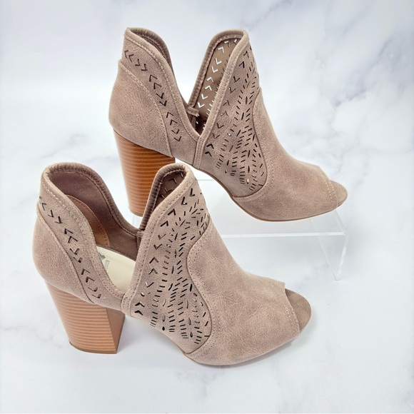 Fergalicious Women's Taupe Peep-Toe Heeled Booties - Picture 4 of 10